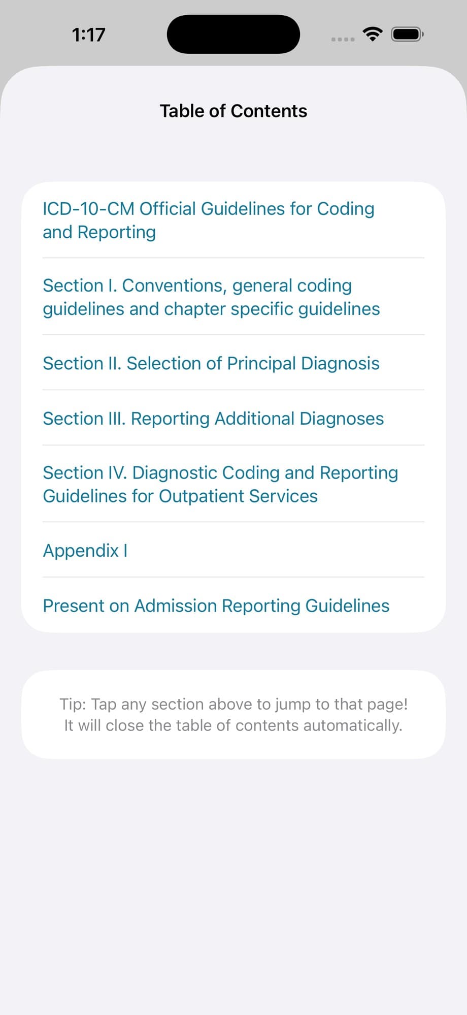 SmartCode Official Guidelines table of contents with chapter-organized navigation