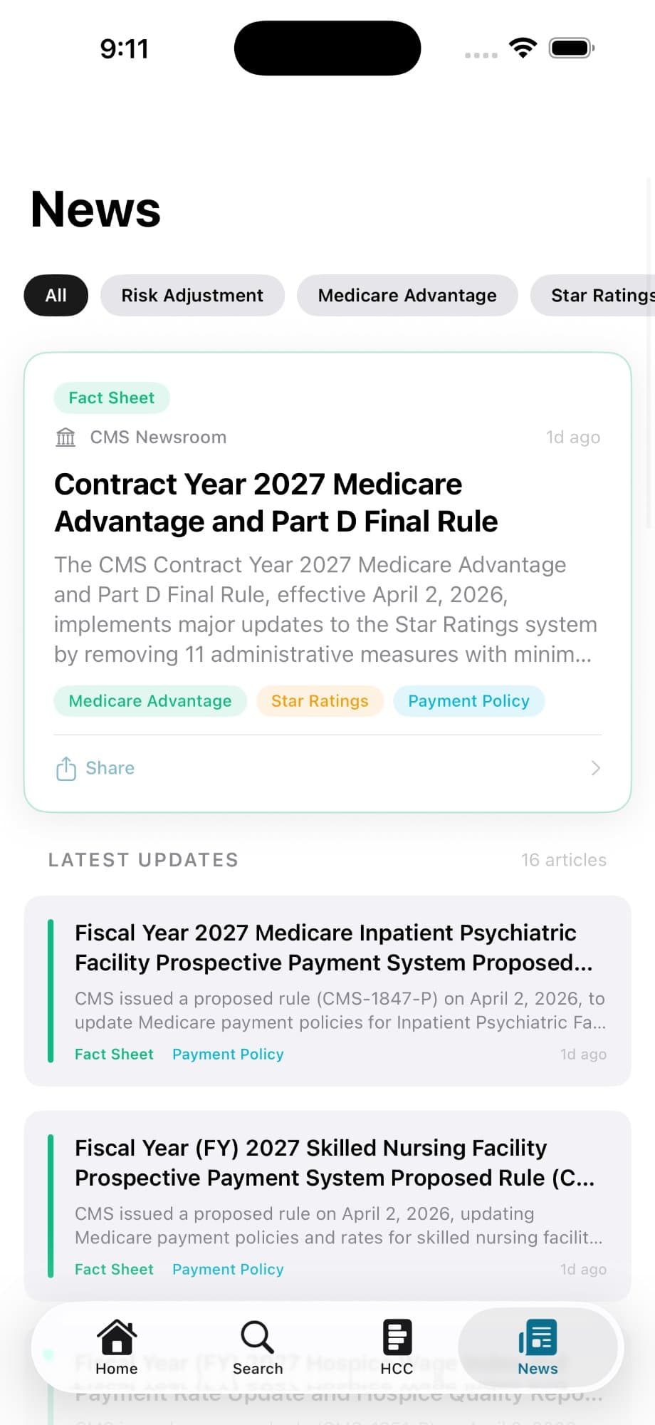 SmartCode CMS newsroom with filterable updates for Risk Adjustment, RADV, and Star Ratings