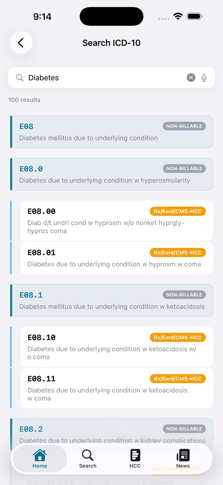 SmartCode ICD-10 search showing diabetes code results with HCC mappings